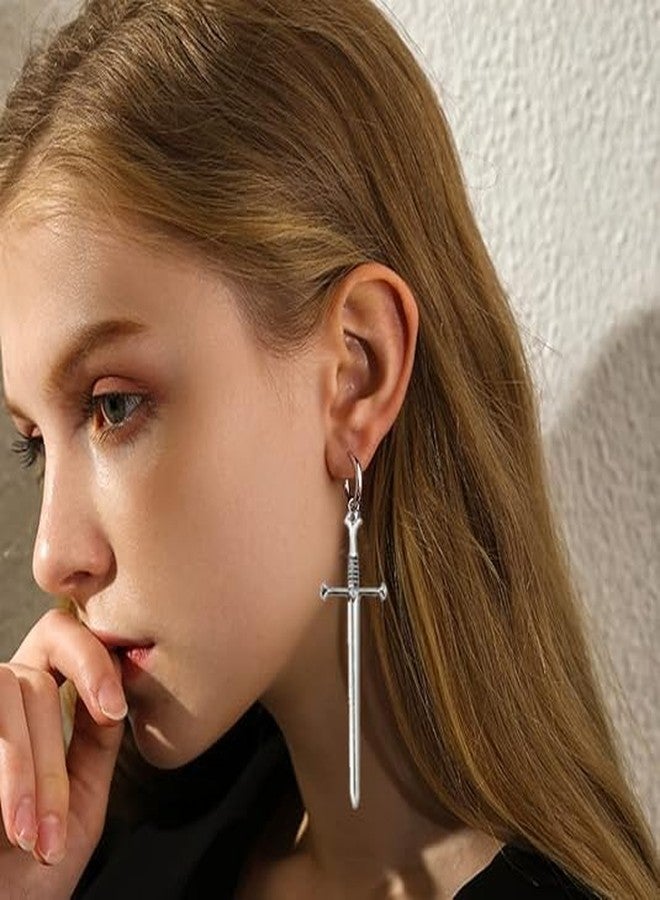 Modpide Punk Gothic Long Dagger Sword Huggie Hoop Earrings Halloween Earrings for Women Men Minimalist Samll Hoops earrings (Antique Silver) - Image 5